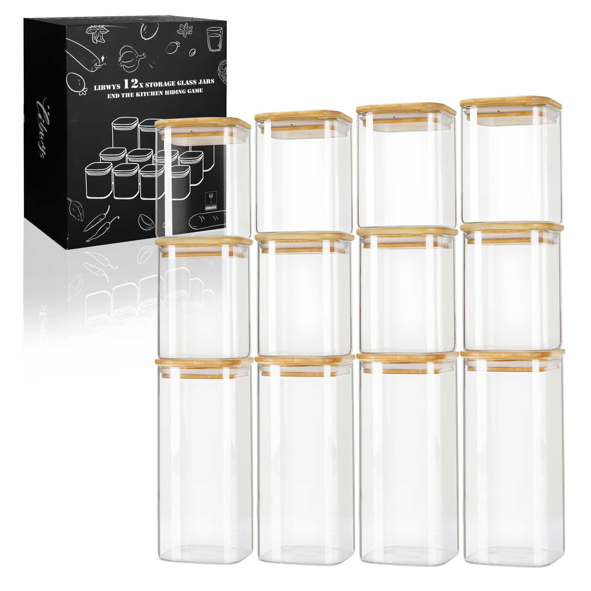 libwys-vorratsgl-ser-eckig-12er-set-600ml-1000ml-bambus-luftdicht image 1