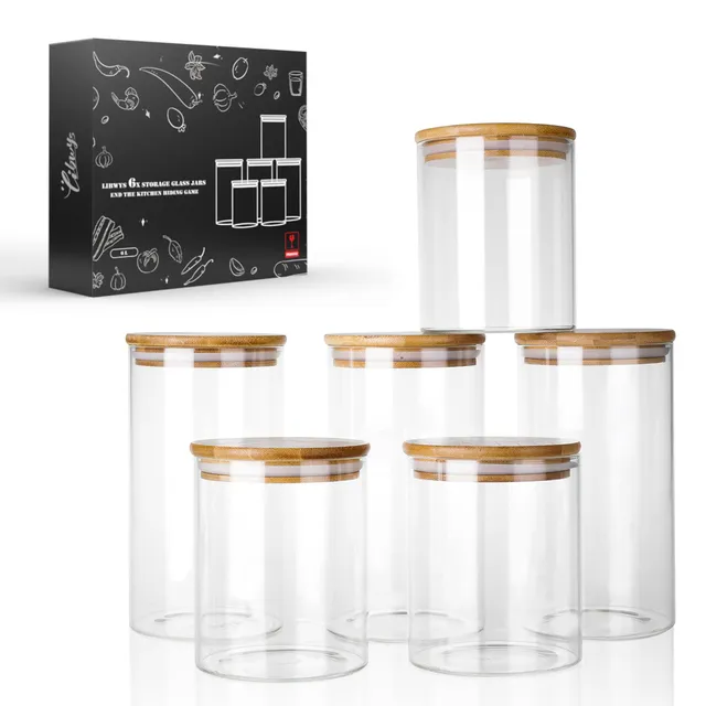 libwys-vorratsdosen-glas-bambusdeckel-6er-set-800ml-1200ml-luftdicht image 1